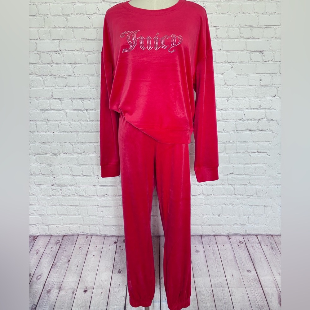 JUICY COUTURE Coco Red Diamanté Velour Tracksuit Top and Jogger Set--NWT--L - Picture 2 of 15